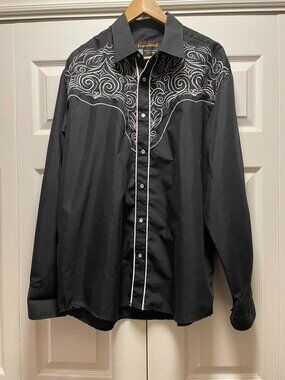 Liquidwest Western Cowboy Shirt Men’s 2XL – Black with White Embroidery